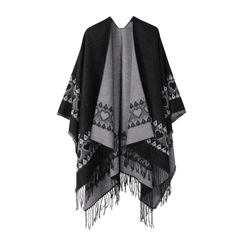 Poncho New Split Warm Shawl Vintage Ethnic Style Scarf Imitation Cashmere Tassel Women Cape Lady Cloak Warm Coat Khaki