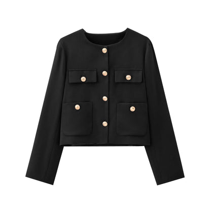 Fall Hot Sale Of The Season New Pure Color Short Coat round Neck Single Button Elegant Lady Niche 8630555 Polyester Fiber Full S