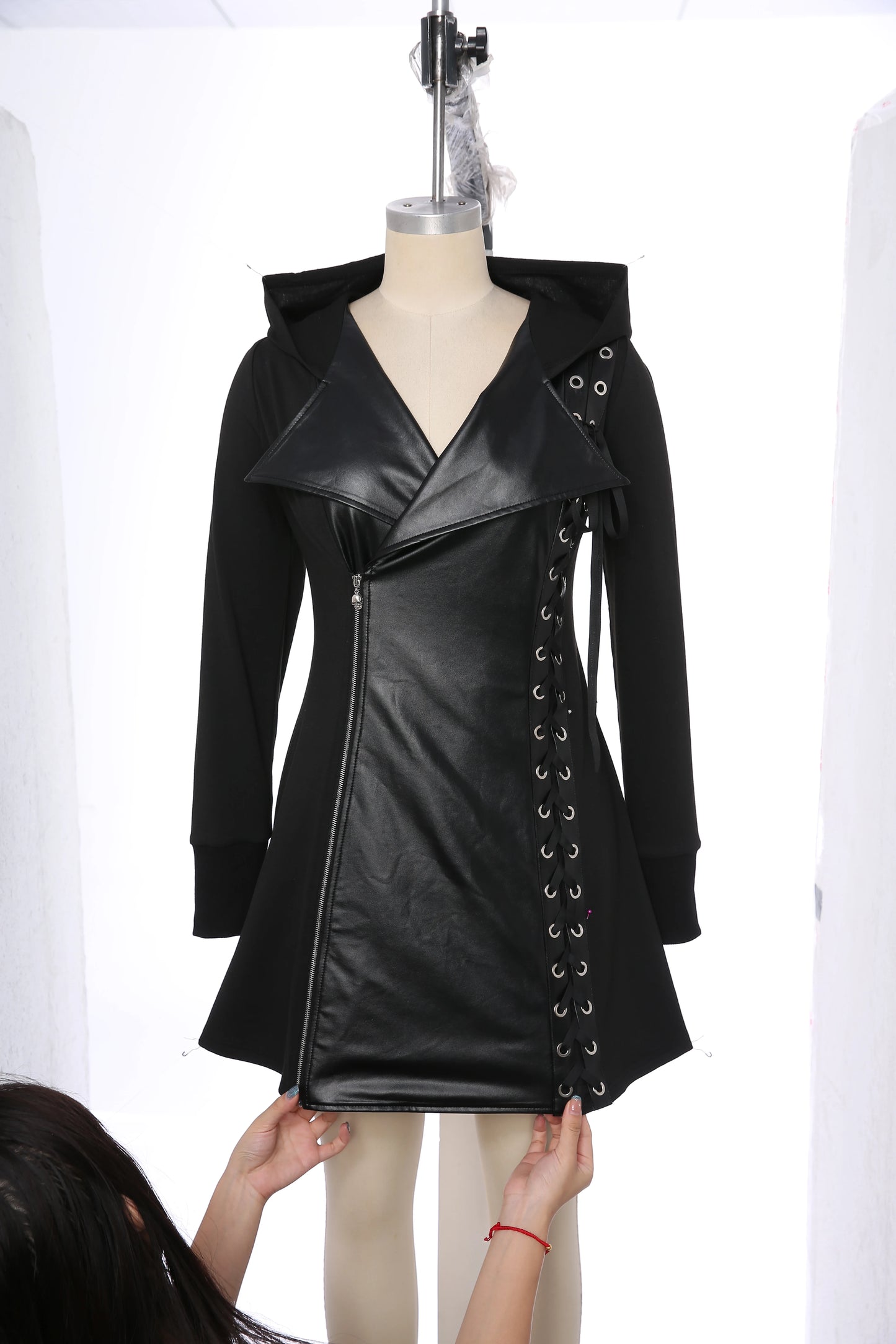 ROSEGAL Plus Size Gothic PU Panel Hooded Coats Black Slim Outwear Turn-down Collar Lace Up Braided Grommet Side Zip Jacket Coat