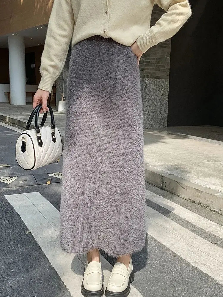 Autumn Winter New Knit Long Skirt Women Casual Thick Korean High Waist Soft A-Line Skirt