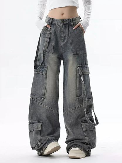 Cargo Jeans for Women Baggy High Street Chic All-match Daily Vintage Ins Waist Trousers Autumn Popular Multi-pockets Classic