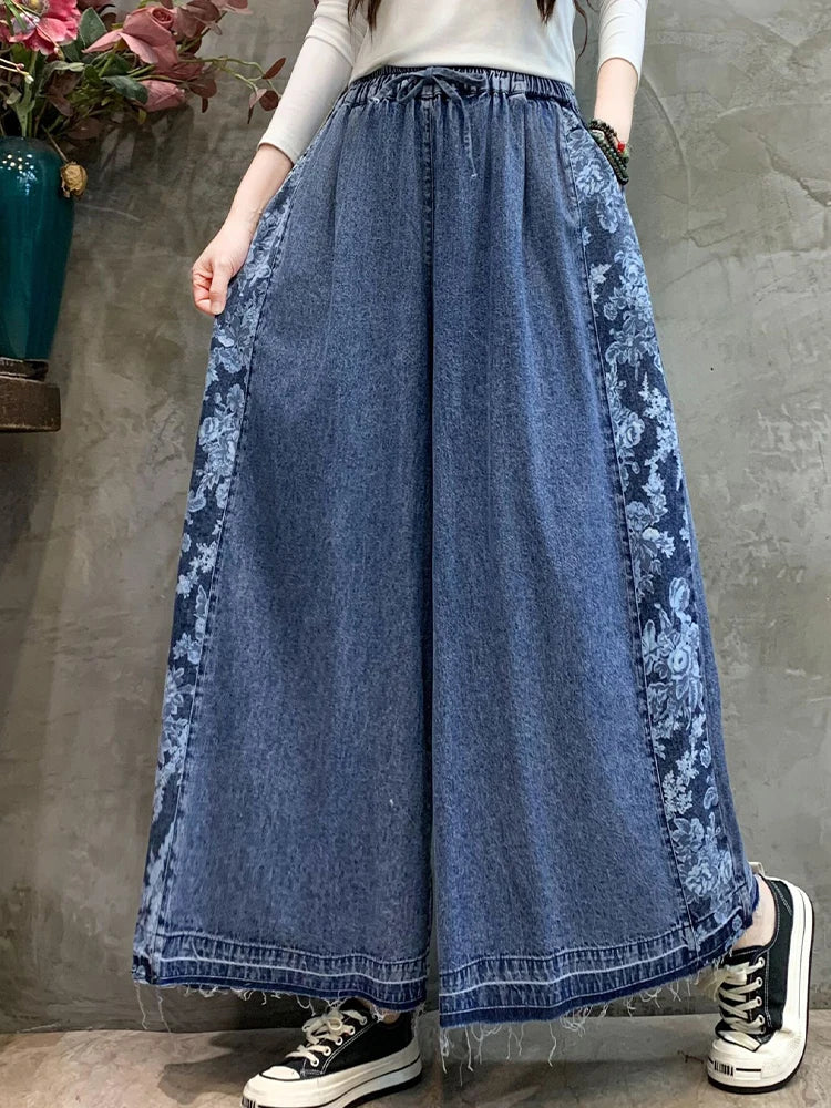 Amax luluE Fashion 2024 Loose Printed Vintage Denim Pants Women Spring Patchwork Jeans Ladies Classic Casual Wide Leg Trousers