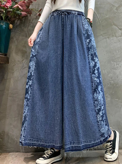 Amax luluE Fashion 2024 Loose Printed Vintage Denim Pants Women Spring Patchwork Jeans Ladies Classic Casual Wide Leg Trousers