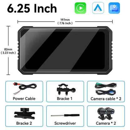 VENBES Motorcycle Carplay 6.25-Inch GPS Navigation Wireless Android Auto IP67 BT 5.0 Dual DVR Safe Driving