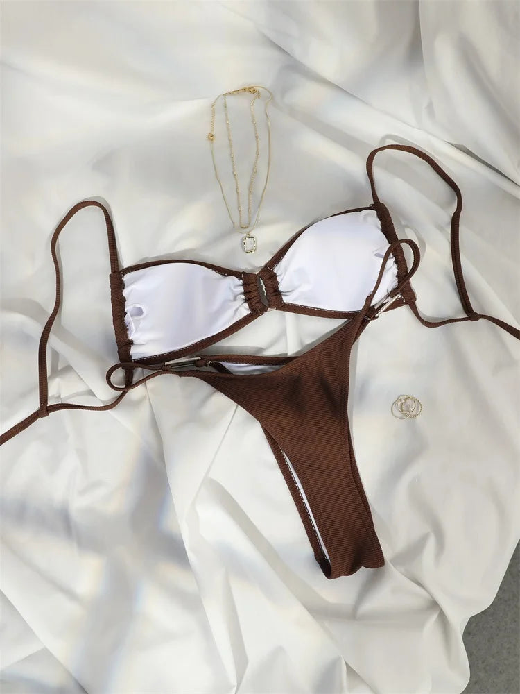 Miyouj String Bikinis Solid Color Swimsuit Women Sexy Swimwear Patchwork Bathing Suit Printed Biquini Thongs Swimming Wear Beach