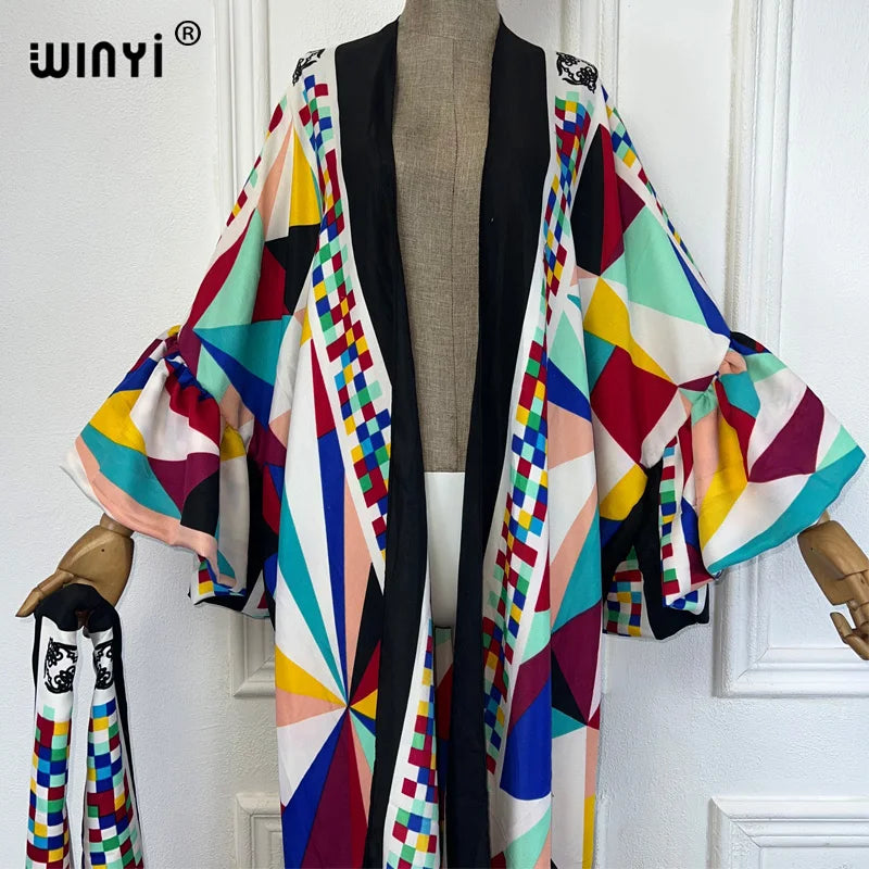 WINYI cotton feeling kimono print Self Belted dress Women Elegant holiday Bubble sleeve cardigan beach Wear Swim Suit cover up