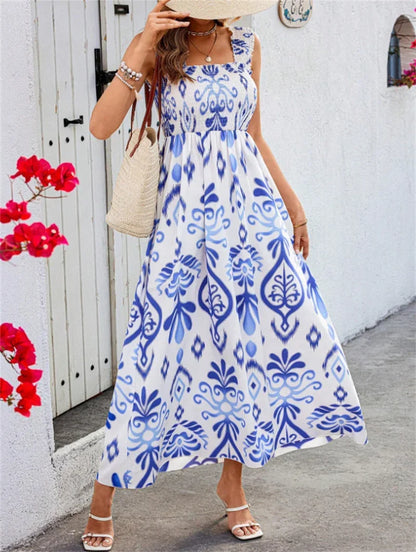 Women New Backless Suspenders Dresses Vintage Print Elastic Pleated Wrap Bust Long Gown Female Comfortable Vacation Casual Dress