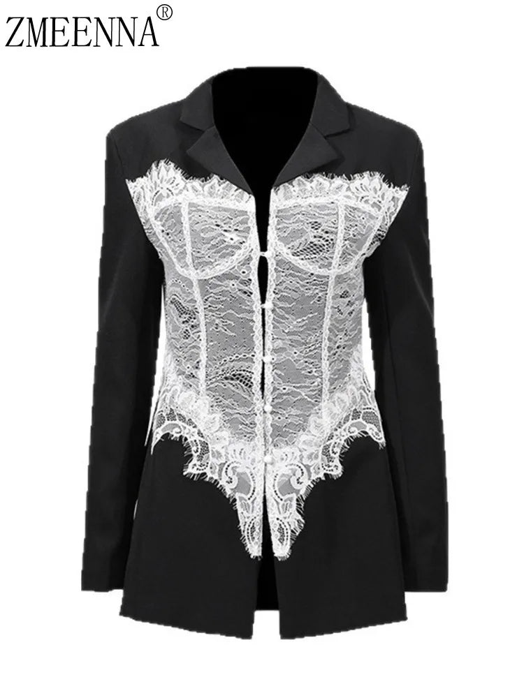 ZMEENNA Women's Black Blazer With White Lace Corset Detail Long Sleeve Formal Jacket For Evening Party Stylish ZM3540