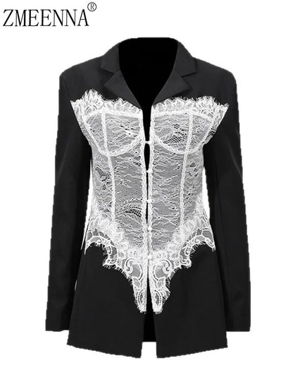 ZMEENNA Women's Black Blazer With White Lace Corset Detail Long Sleeve Formal Jacket For Evening Party Stylish ZM3540