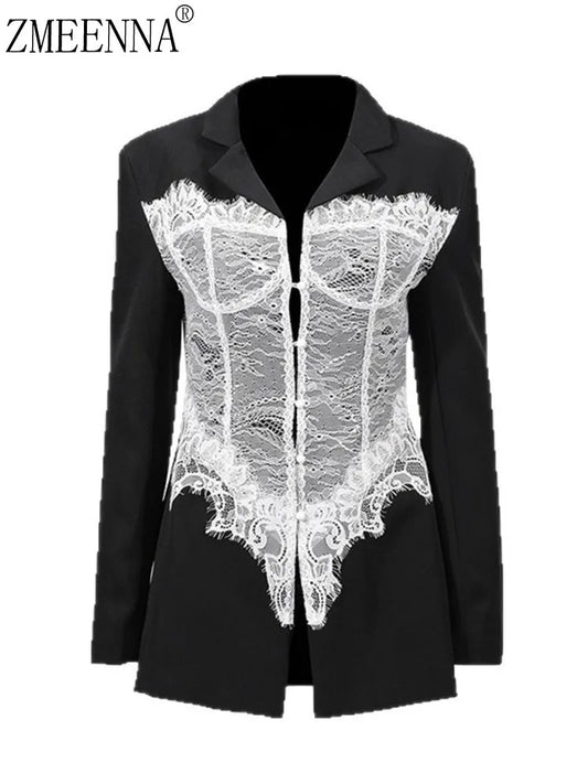 ZMEENNA Women's Black Blazer With White Lace Corset Detail Long Sleeve Formal Jacket For Evening Party Stylish ZM3540
