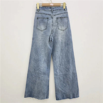 DEAT Women's Jeans High Waist Embroidery Flowers Burrs Edge Straight Wide Leg Denim Pants 2026 New Fashion Summer 29L9973