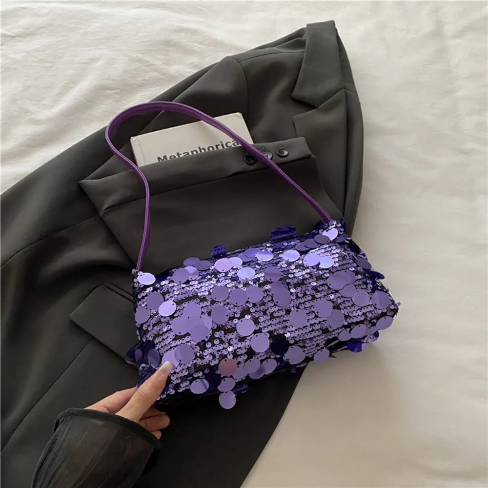 Fashion Lightweight Sequin Shoulder Bags Solid Color Large Capacity Underarm Bag Evening Party Tote Bag Women