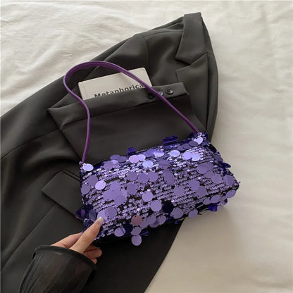 Fashion Lightweight Sequin Shoulder Bags Solid Color Large Capacity Underarm Bag Evening Party Tote Bag Women