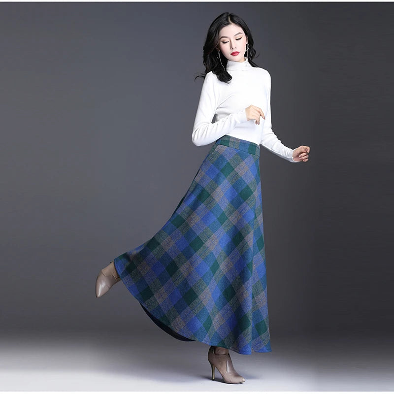 Plus Size 3XL Women Plaid Skirt Thick Warm Elegant Tall Waist Long Skirt 2021 Winter Casual Woolen Long Plaid Skirt Female Skirt
