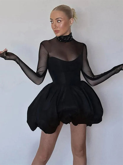 Elegant Lace Dresses Women See Through Long Sleeves Puffy Dresses Female 2024 Fashion Solid Evening Party A Line Robe Lady