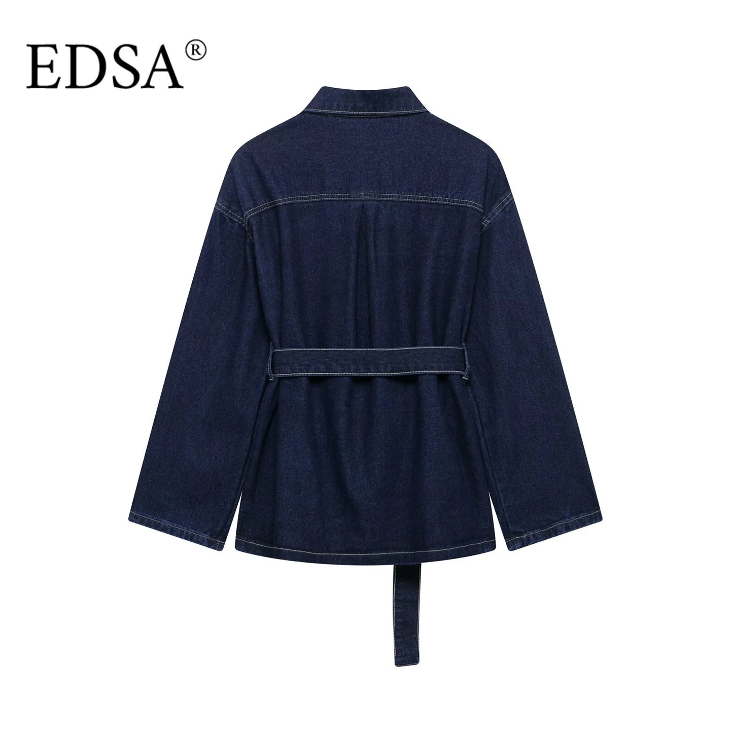 EDSA Women Vintage Denim Jacket Coat with Sashes Flap Pockets Long Sleeves Turn-down Collar for Female High Street Outerwear