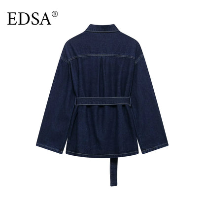 EDSA Women Vintage Denim Jacket Coat with Sashes Flap Pockets Long Sleeves Turn-down Collar for Female High Street Outerwear