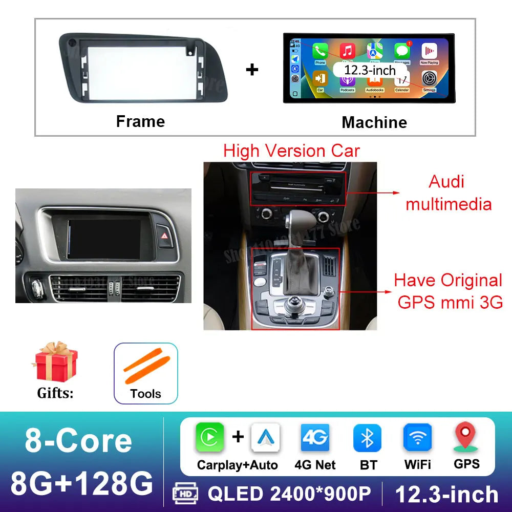 12.3 inch GPS Navigation Wireless Carplay Android 16 for Audi Q5 2009 - 2017 BT Car Multimedia Video Radio Player 4G Auto Tools