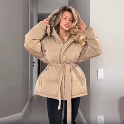 Shiny Reflective Cinched Waist Outwear Winter Luxury Elegant Lapel Cotton Coat Female Length Loose Trendy Thick Warm Down Jacket