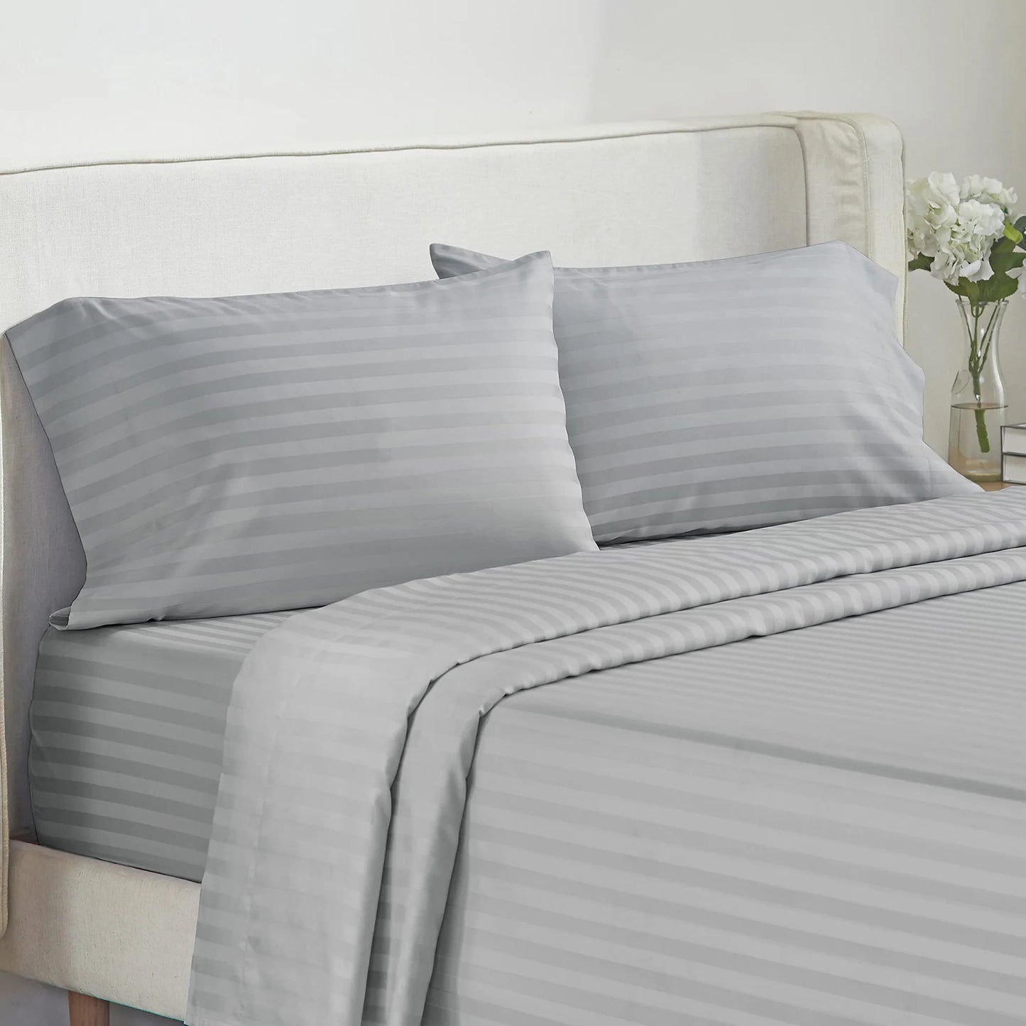 Battilo Bed Sheets 4 Pieces Set Luxury Fitted Flat Sheet with Pillowcases Solid Stripe Bedding Set For Twin Full Queen King Size