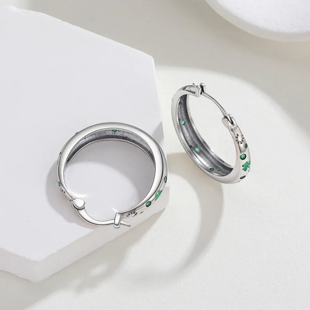 925 Sterling Silver Lucky Clover Hoop Earrings Green CZ Pave & Horseshoe Design St. Patrick's Day Earring For Women Jewelry Gift