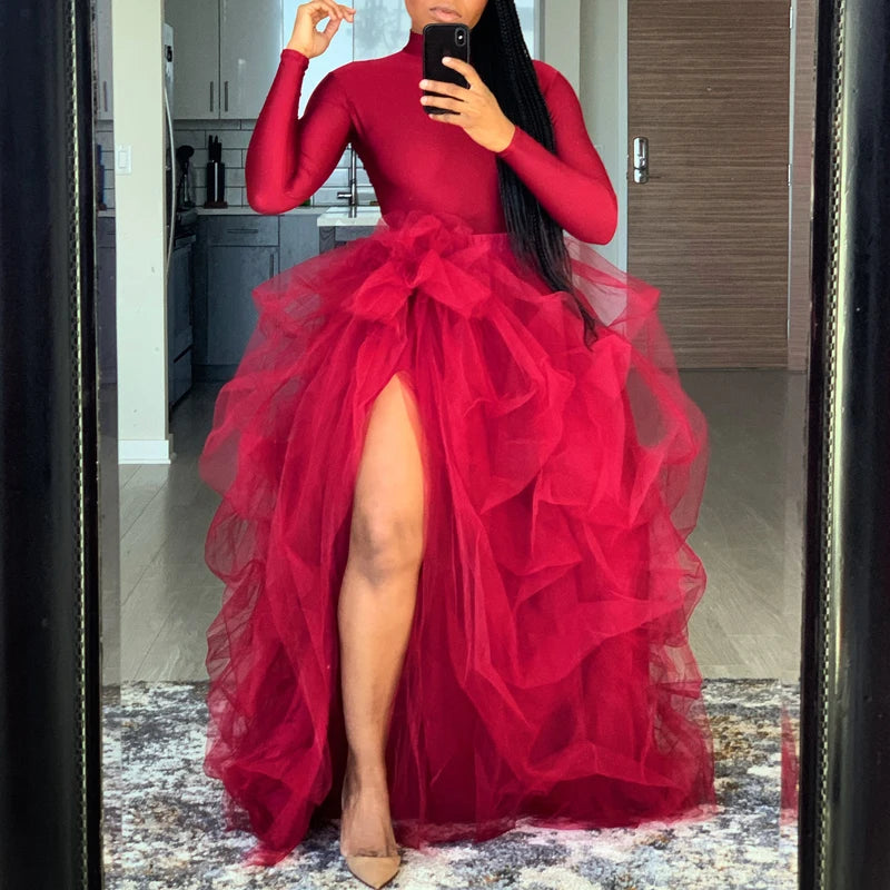 Women's Tulle Maxi Skirt Floor Length Layered High Waist Split Skirt A-Line Puffy Mesh Tutu Skirt for Elegant Lady Wedding Party