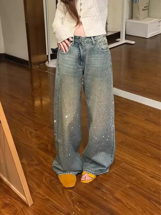 Women's Y2k Baggy Jeans Harajuku Vintage Rhinestone Denim Trousers Japanese 2000s Style Oversize Wide Jeans Long Pants Clothes