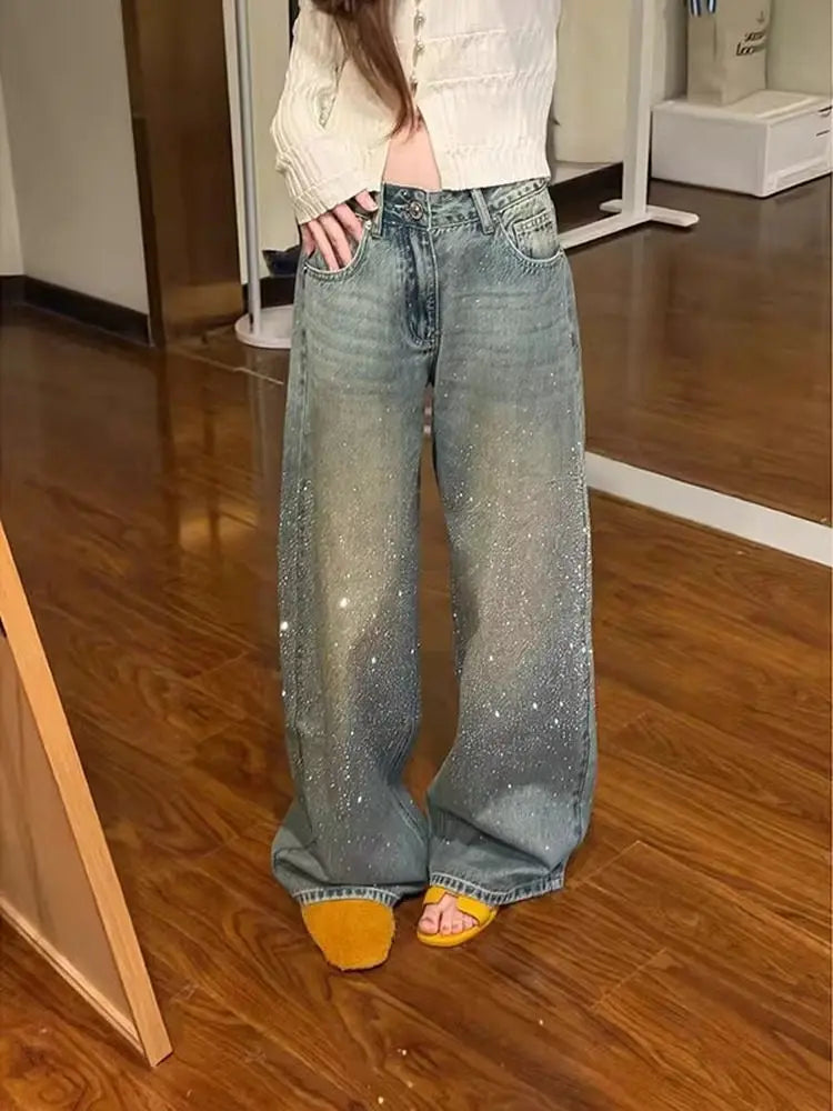Women's Y2k Baggy Jeans Harajuku Vintage Rhinestone Denim Trousers Japanese 2000s Style Oversize Wide Jeans Long Pants Clothes