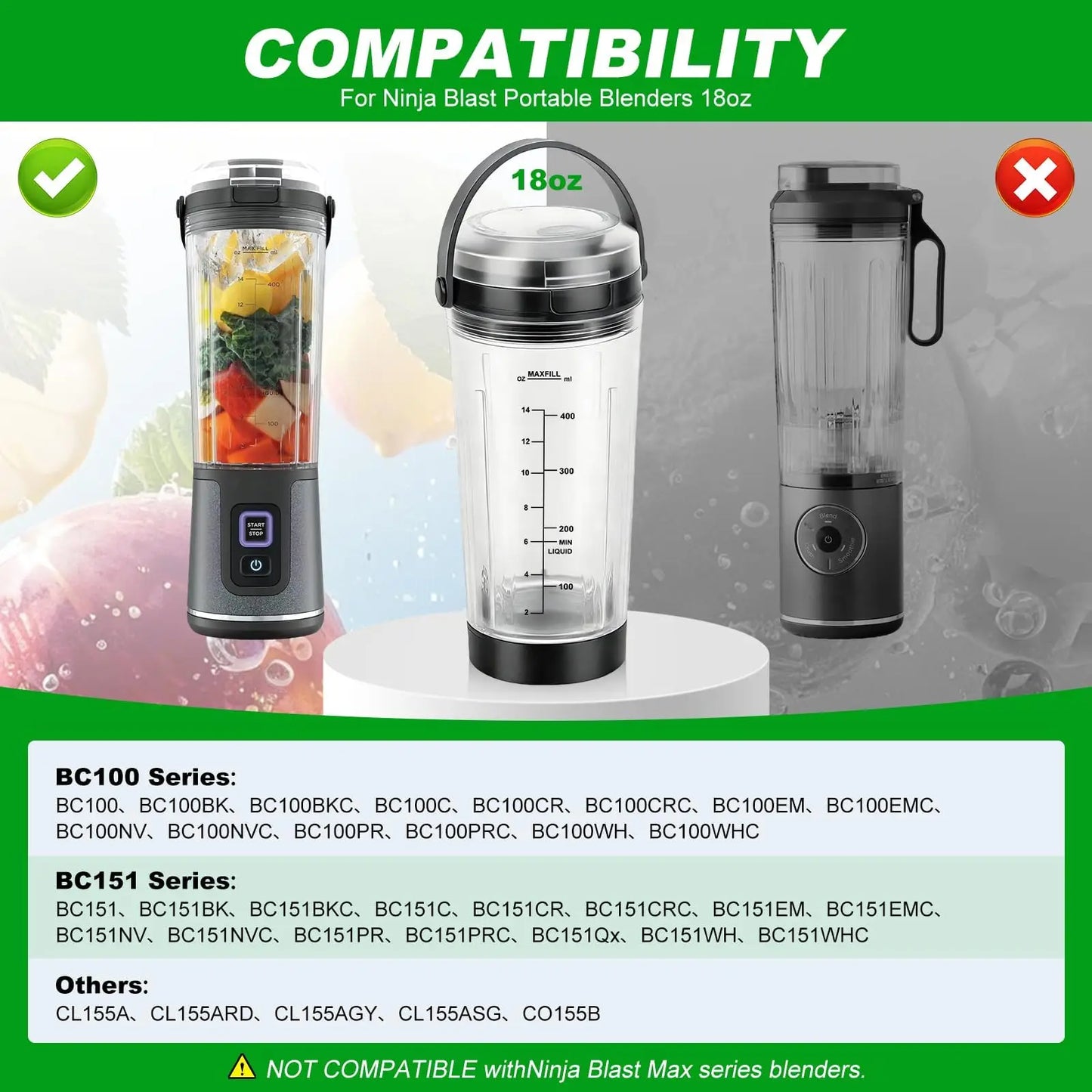 Blender Cup for Ninja Blast Portable Blender 18oz BC100 and BC151 Series Replacement Parts