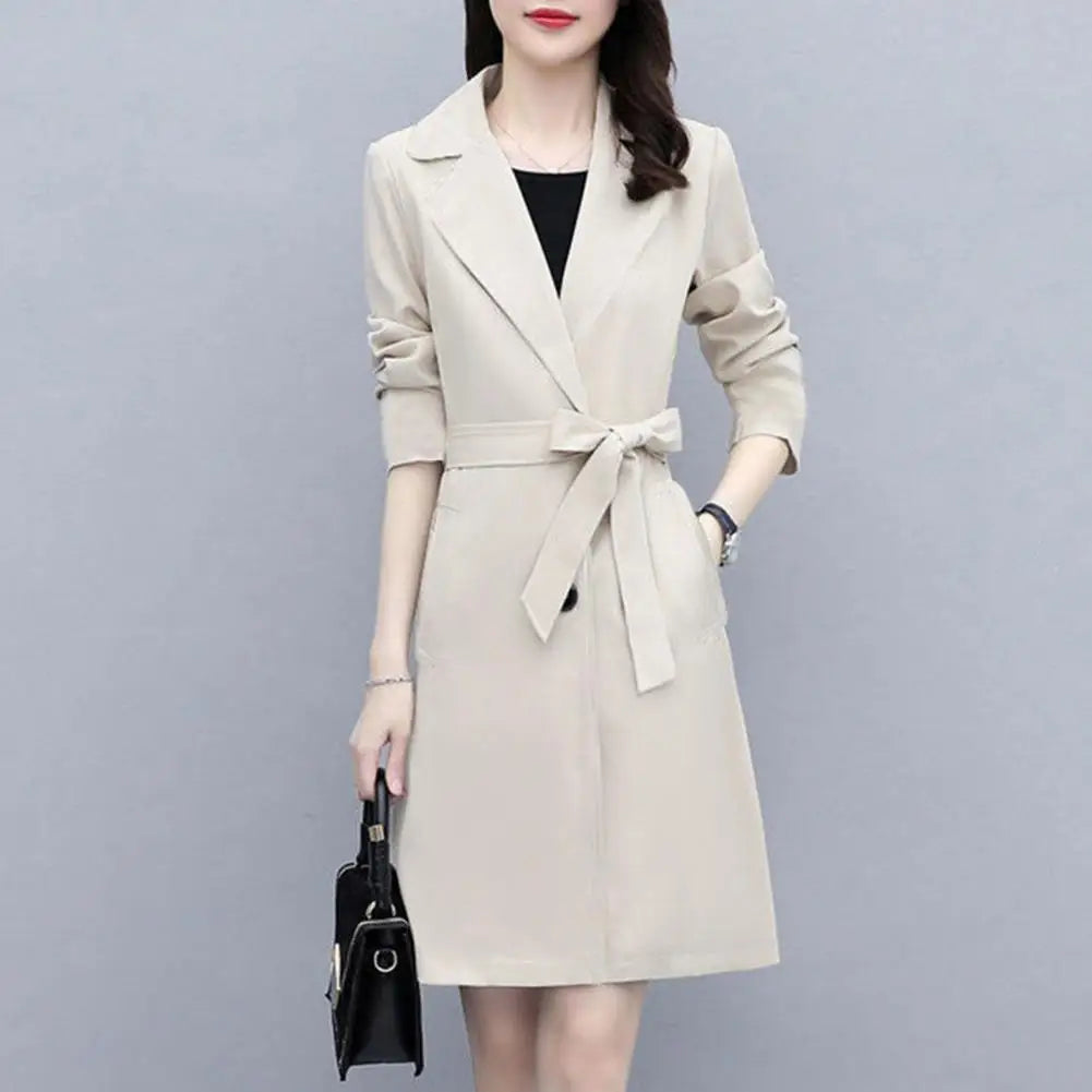 Women Fall Spring Coat Lapel Cardigan Double Buttons Trench Coat Solid Color Mid Length Pockets Business Jacket With Belt