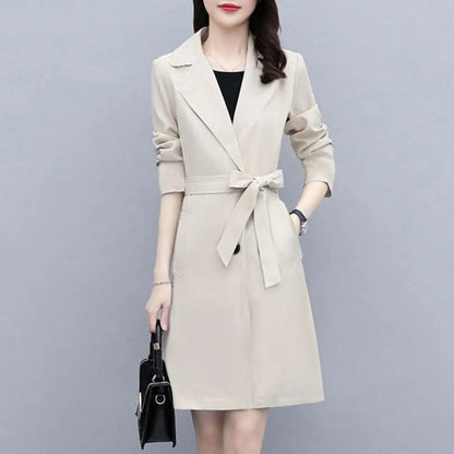 Women Fall Spring Coat Lapel Cardigan Double Buttons Trench Coat Solid Color Mid Length Pockets Business Jacket With Belt