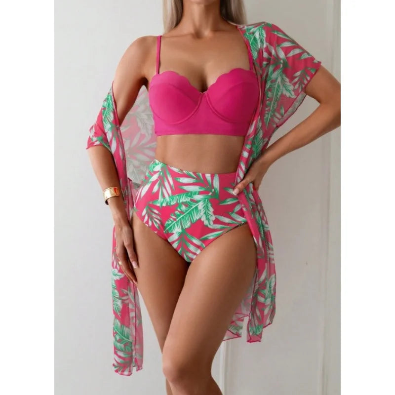 Elegant Printing 3 Piece Bikini Set Women Swimsuit Vintage High Waist Bikini Mesh Cover Up 2025 New Bathing Suit Biquini Female
