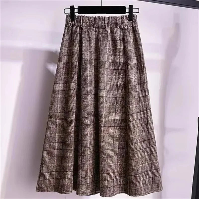 Large Size Women's Autumn Winter Elastic Waist A-line Skirt Woman Skirts Faldas Jupe Korean Retro Plaid Mid-Long Skirts Size 4XL