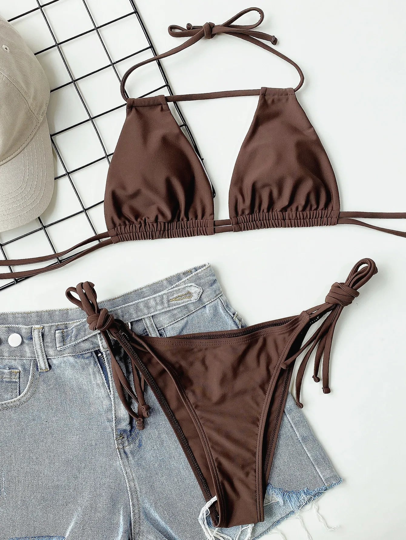 2025 Sexy Solid Bandage Bikini Halter Strappy Swimwear Women Swimsuit Female Two Pieces Bikini Set Low Waist Bathing Suit Bather