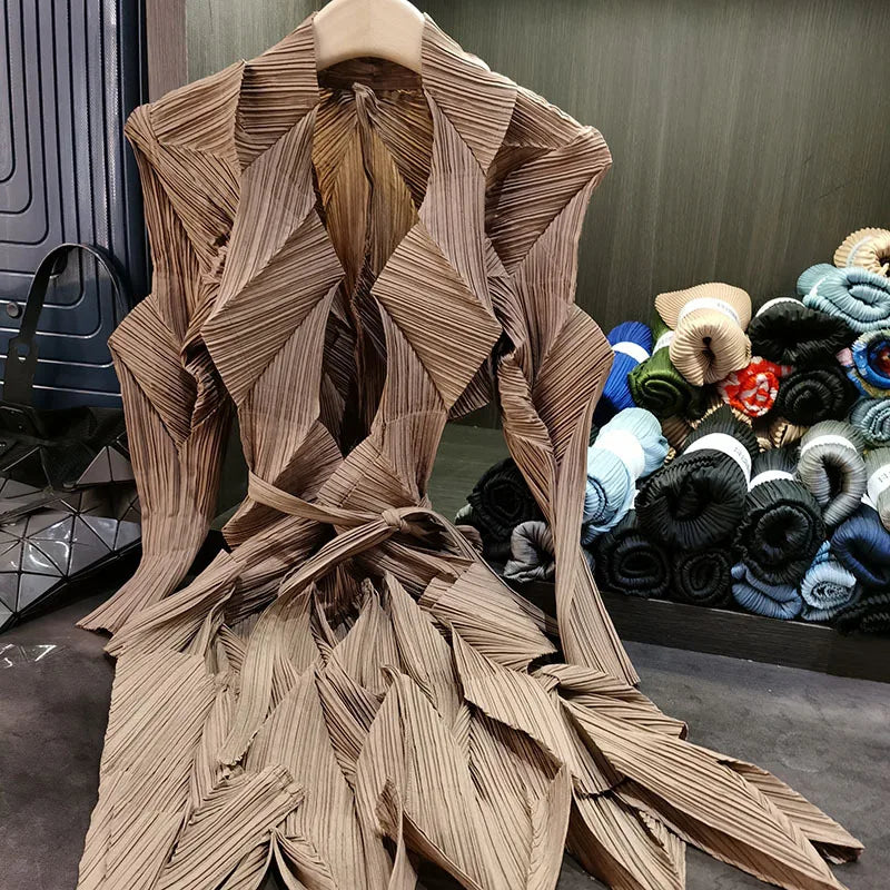 Miyake Solid Color Bud Jacket New Pleated Irregular Loose Large Size Long-sleeved Cardigan Simple Loose and Stretchy Commuter