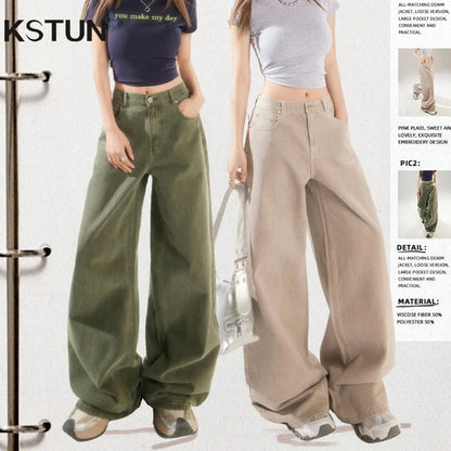 KSTUN Women's Jeans Green Wide Leg Denim Pants High Waist Straight Loose Streetwear Fashion Woman Khaki Jeans Female Baggy Pants