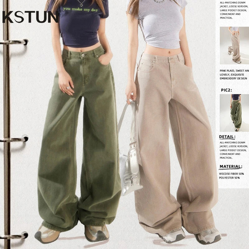 KSTUN Women's Jeans Green Wide Leg Denim Pants High Waist Straight Loose Streetwear Fashion Woman Khaki Jeans Female Baggy Pants