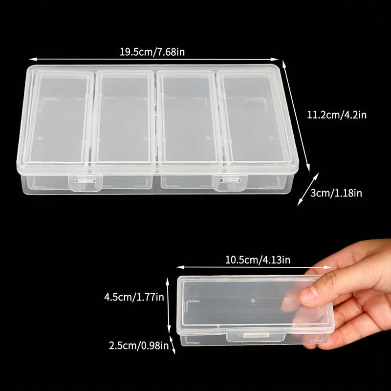 Each set contains 4 to 12 rectangular plastic storage boxes with hinged lids. They are transparent, portable and multifunctional