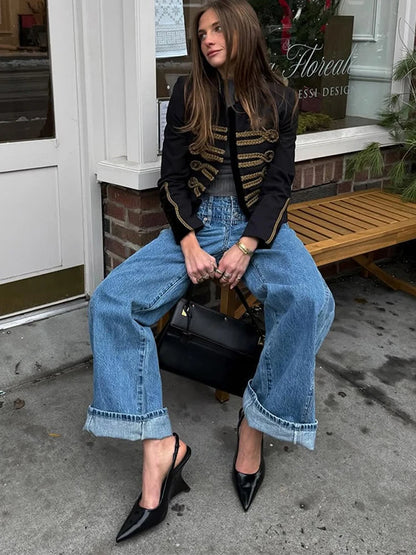 Fashion Chic Napoleon Cropped Jacket Women O-neck Long Sleeve Black Short Coats 2026 Spring Elegant Lady Commute Outerwear