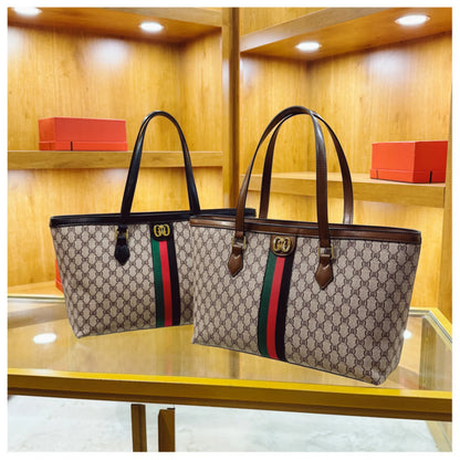 Fashionable Luxury Coffee Colored Floral Handbag with Red and Green Striped Design, Soft Leather, Large Capacity Underarm Bag