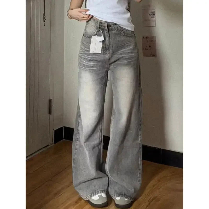 Women's Grey Vintage Jeans High Street Denim Trouser Casual Goth Pants High Waist Straight Streetwear Baggy Hosen Female  Y2K
