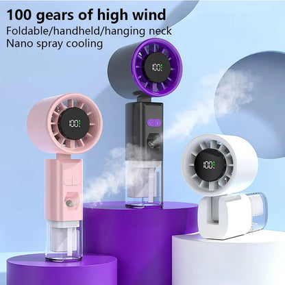 Portable Handheld Spray Fan Strong Wind Water Spray Mist Fan Low Noise Handheld Misting Fan USB Rechargeable Foldable Small Fan