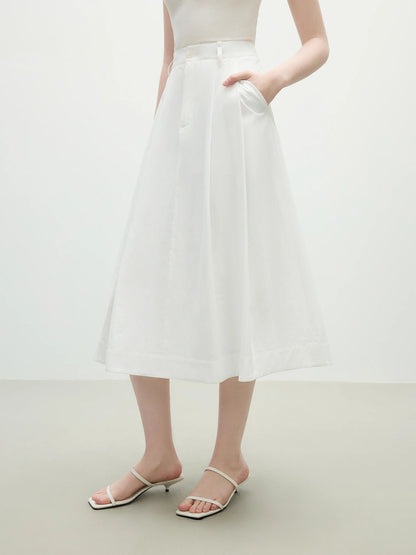 FSLE 2025 Summer French High Waist A-Line Skirt - Office Chic Ivory Midi with Adjustable Waist & Hidden Pockets 25FS12197
