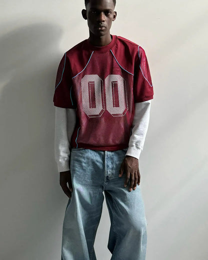 Y2K American Retro Spliced Jersey Summer Men Women Street Sportswear Gothic Digital Top Loose Mesh Breathable Sports T Shirt.