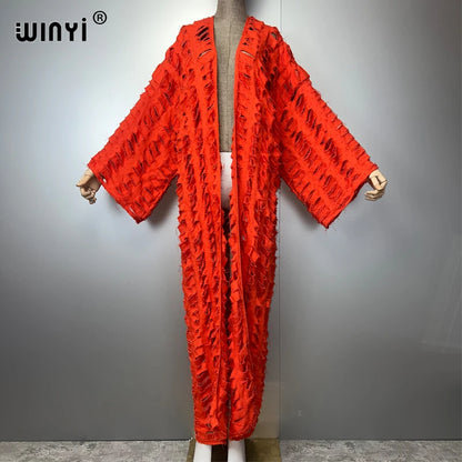 WINYI new maxi kimono coat for women OverCoat hole denim cardigan long down coat cover up beach outfits woman abaya dubai luxury
