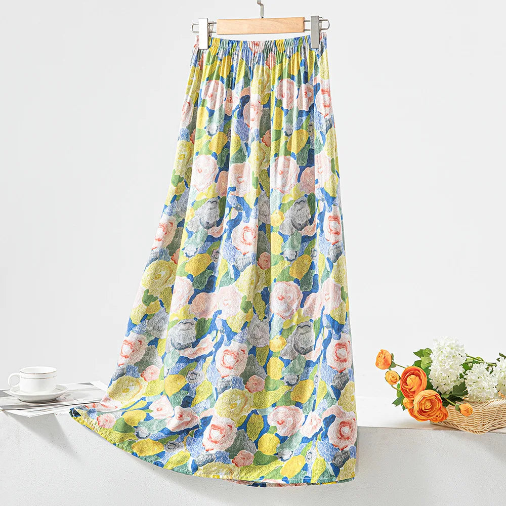New 2024 Elegant Women Tulle Skirt Korean Fashion Boho Floral A Line Ladies Pleated Skirt Summer Chic High Waist Party Vestidos