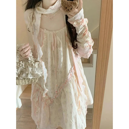 Y2K Irregular Midi Dress Women Japanese Kawaii Floral Print Print Dresses Summer Harajuku Korean Ruffles Patchwork Chic Vestidos