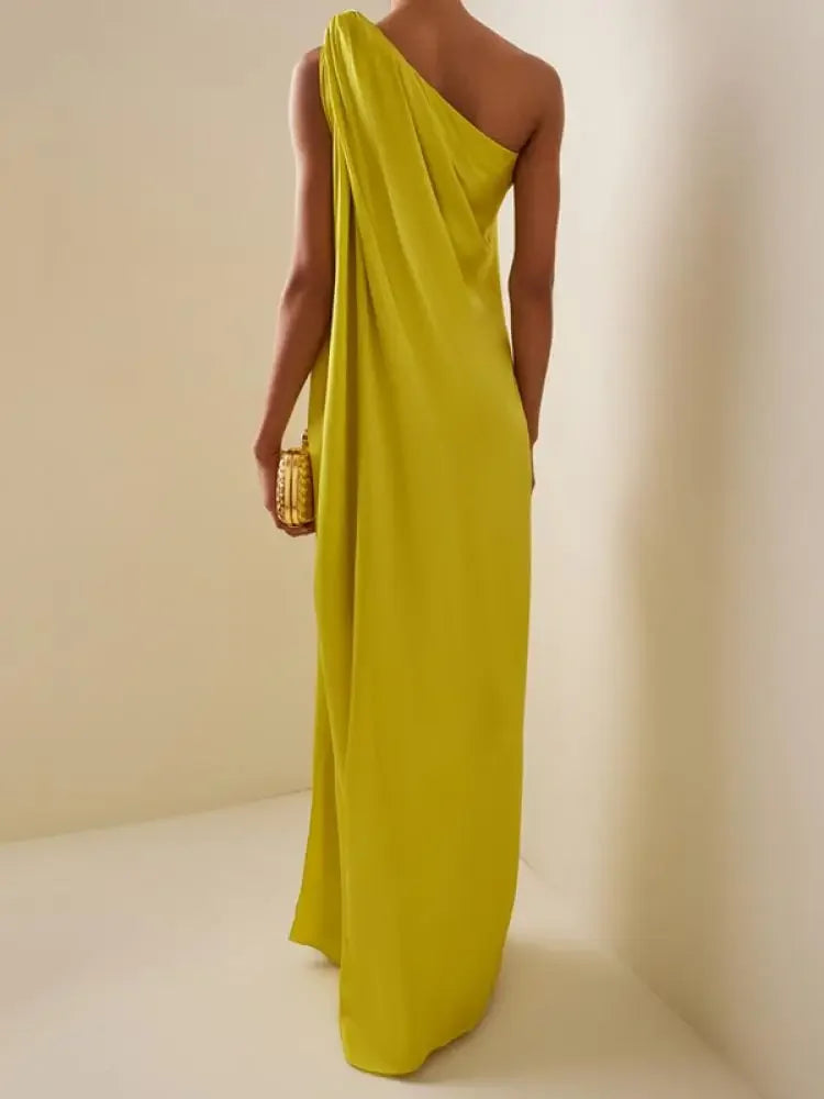 Missuoo Women's Party Dresses 2025 Summer New One-shoulder Sleeveless Maxi Dress Solid Color Split-side Pleated Evening Dress