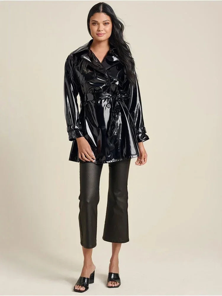 Women Faux Leather Jacket Coat Glossy Patent Leather Trench Overcoat With Belt Gothic Black PVC Laple Blazer Suit Pocket Custom