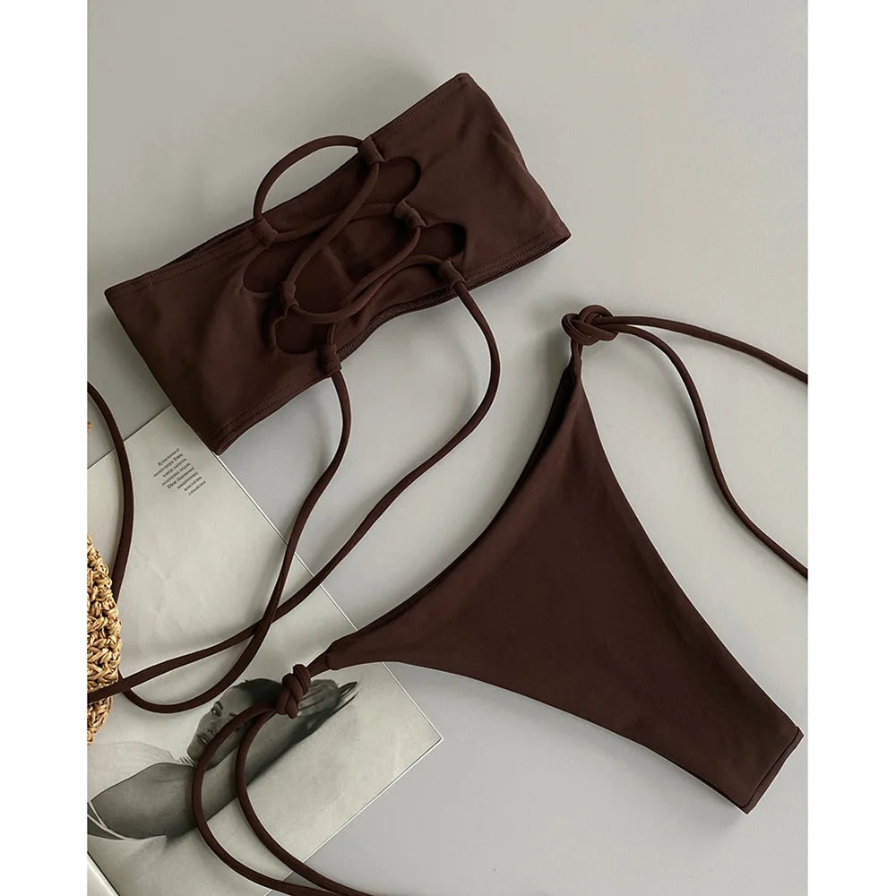 Push Up Bikini Sexy Women Swimsuit Swimwear 2025 Bikini Set Bandeau Beachwear Bathing Suit Brazilian Solid Biquini Female